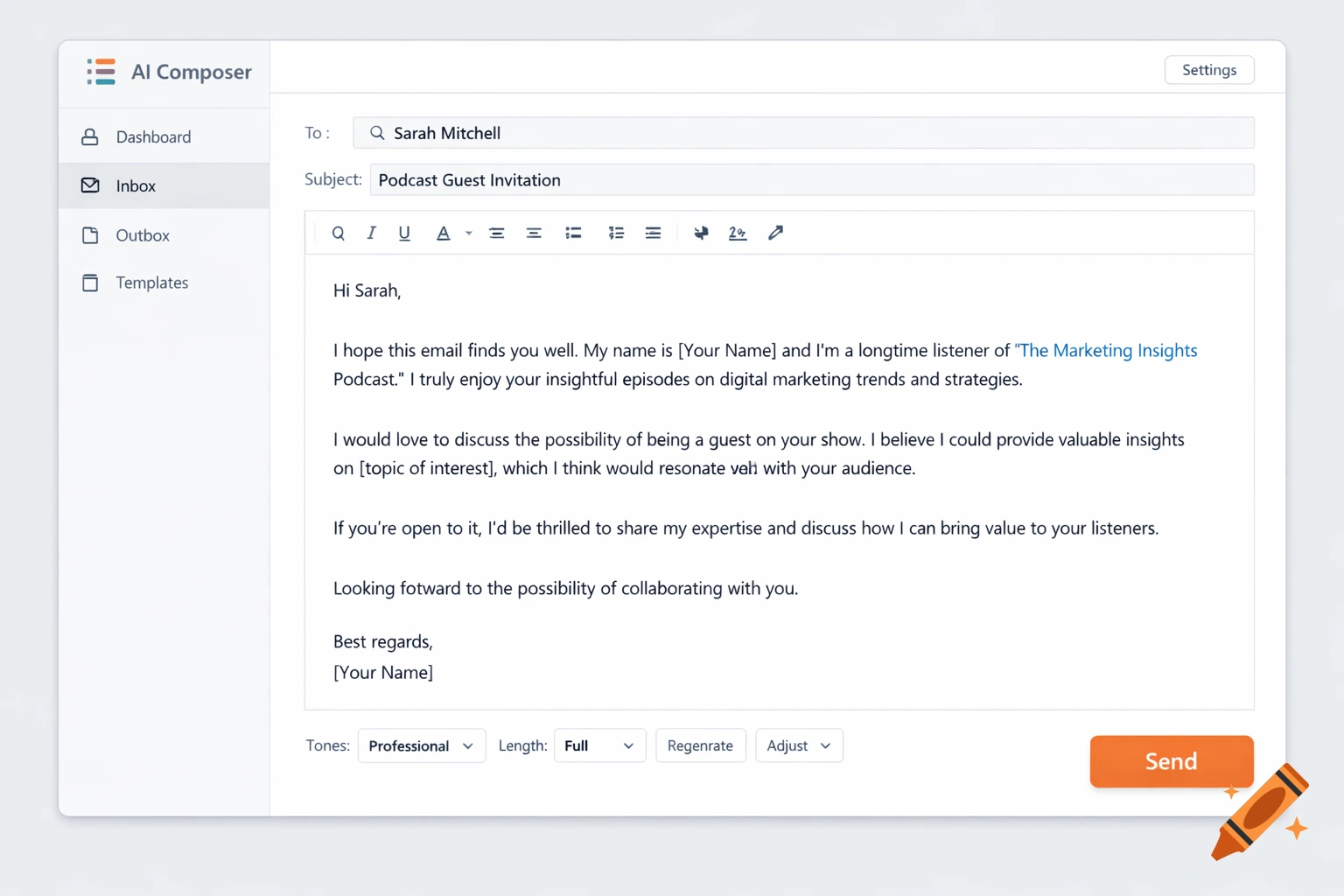 PodPitch AI pitch generation interface showing personalized email drafts